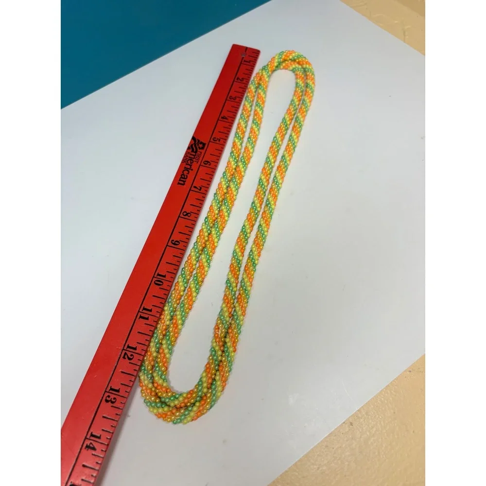 Vintage Style Orange Green Yellow Beaded Rope Necklace Spiral Seed Bead 50 Inch